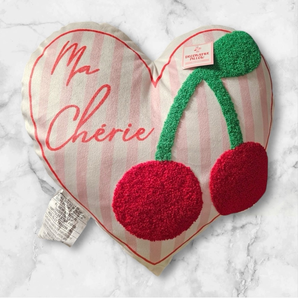 Heart-Shaped Pillow with Cherry Design NWT